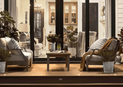 Deck with lighting, off of sliding glass doors